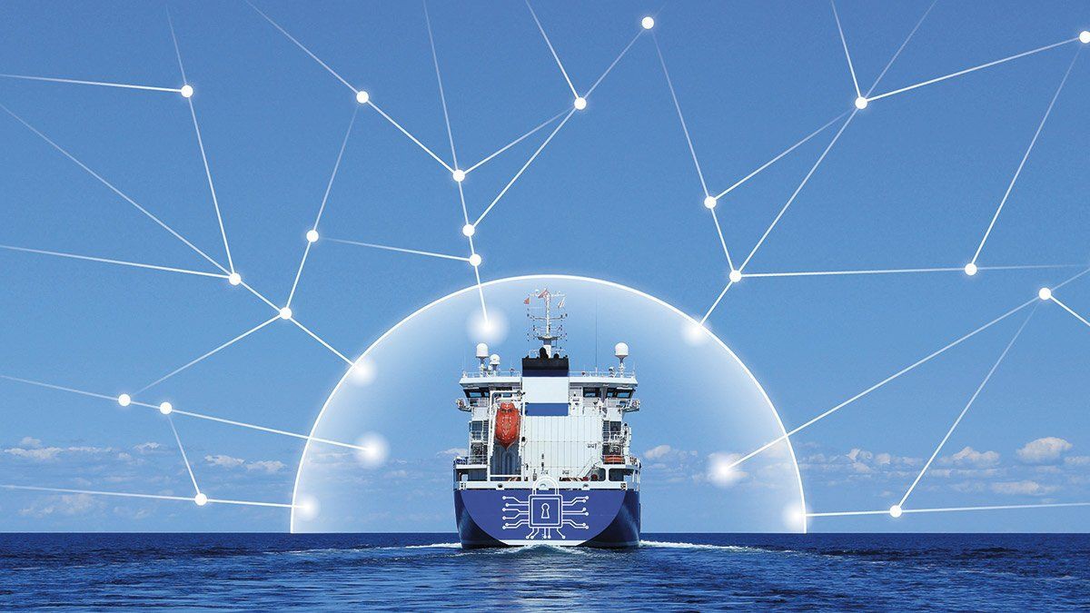 Cargo ship inside digital shield, symbolizing cybersecurity protection for maritime communication systems
