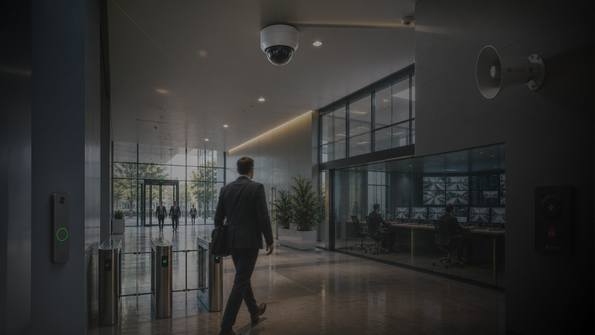 Wide-angle image of a modern corporate lobby with glass walls, security turnstiles, and people entering the building. Zenitel devices are integrated into the environment, including a wall-mounted intercom, an IP speaker, and a camera, while a control room in the background monitors multiple video feeds, illustrating a connected, real-time security system.