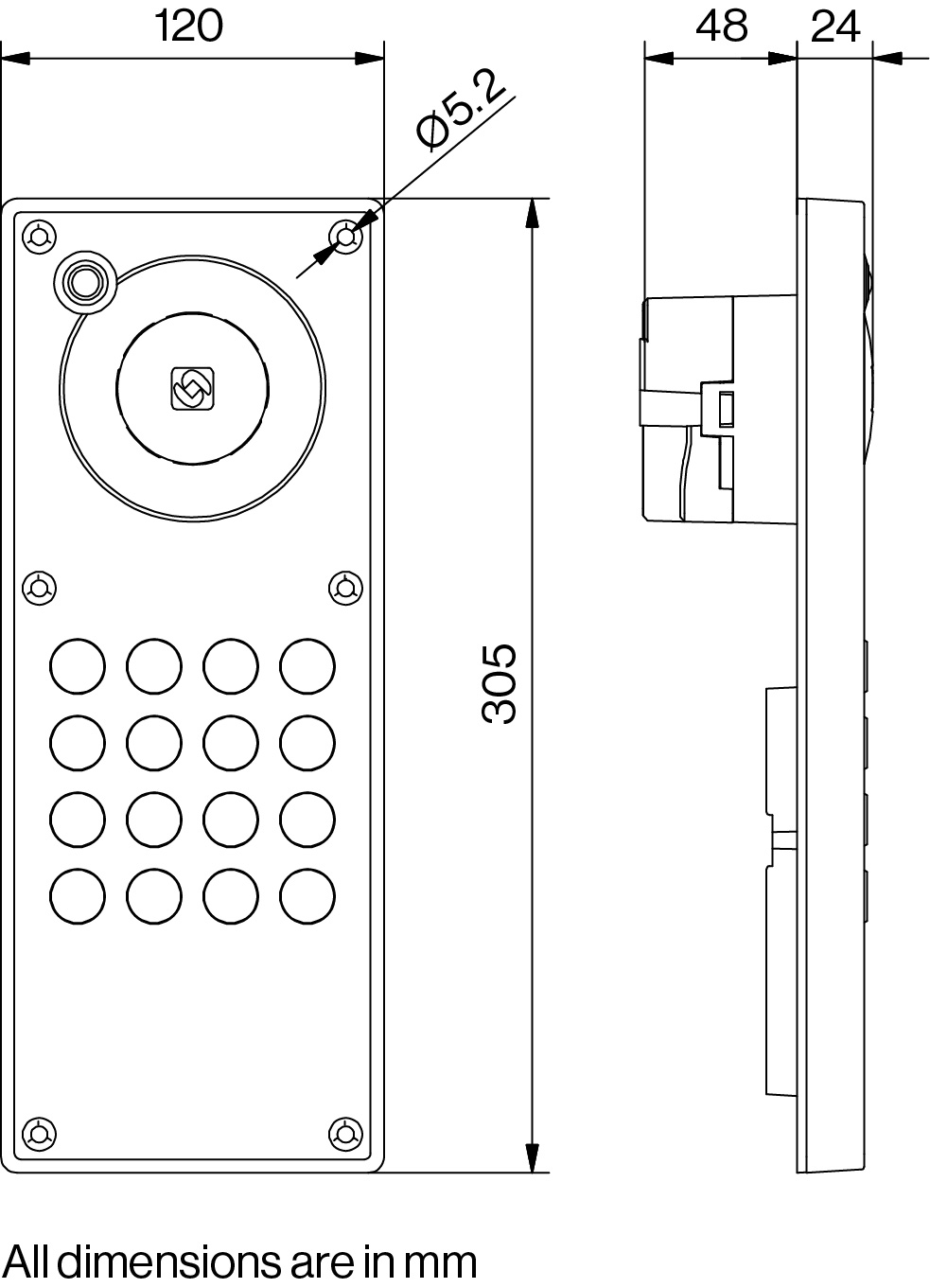 TEIV-1+ Keypad Intercom Dimensions