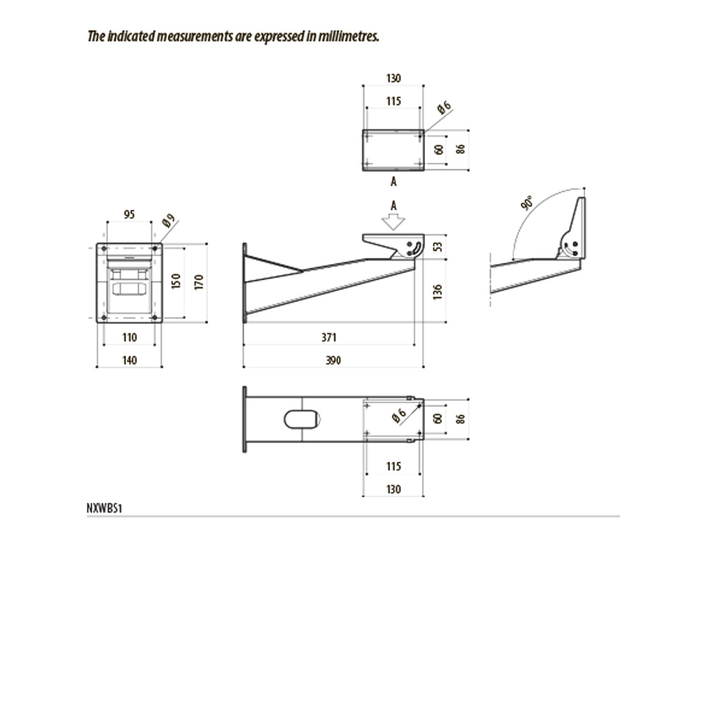 Dimensional Drawing NXWBS1 Stainless Steel Wall Bracket for NXM36K