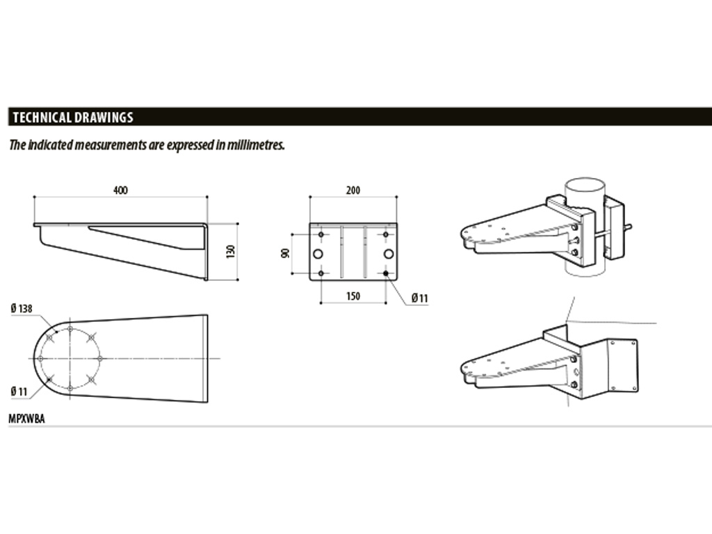 Dimensional Drawing MPXWBA Wall Bracket AISI 316L 