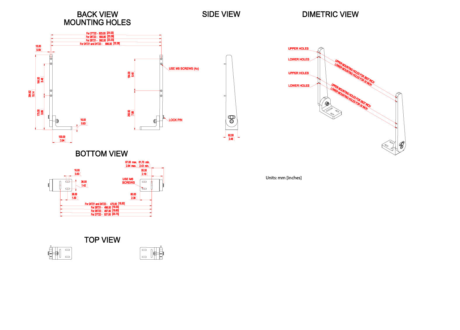 Table Mount for HD 24/26/27 Monitors Dimensional Drawing